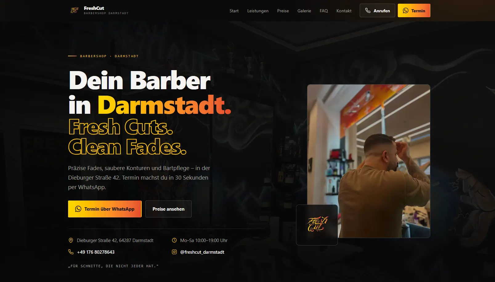 Startseite von FreshCut Darmstadt mit Terminanfrage per WhatsApp und Kontaktangaben des Barbershops