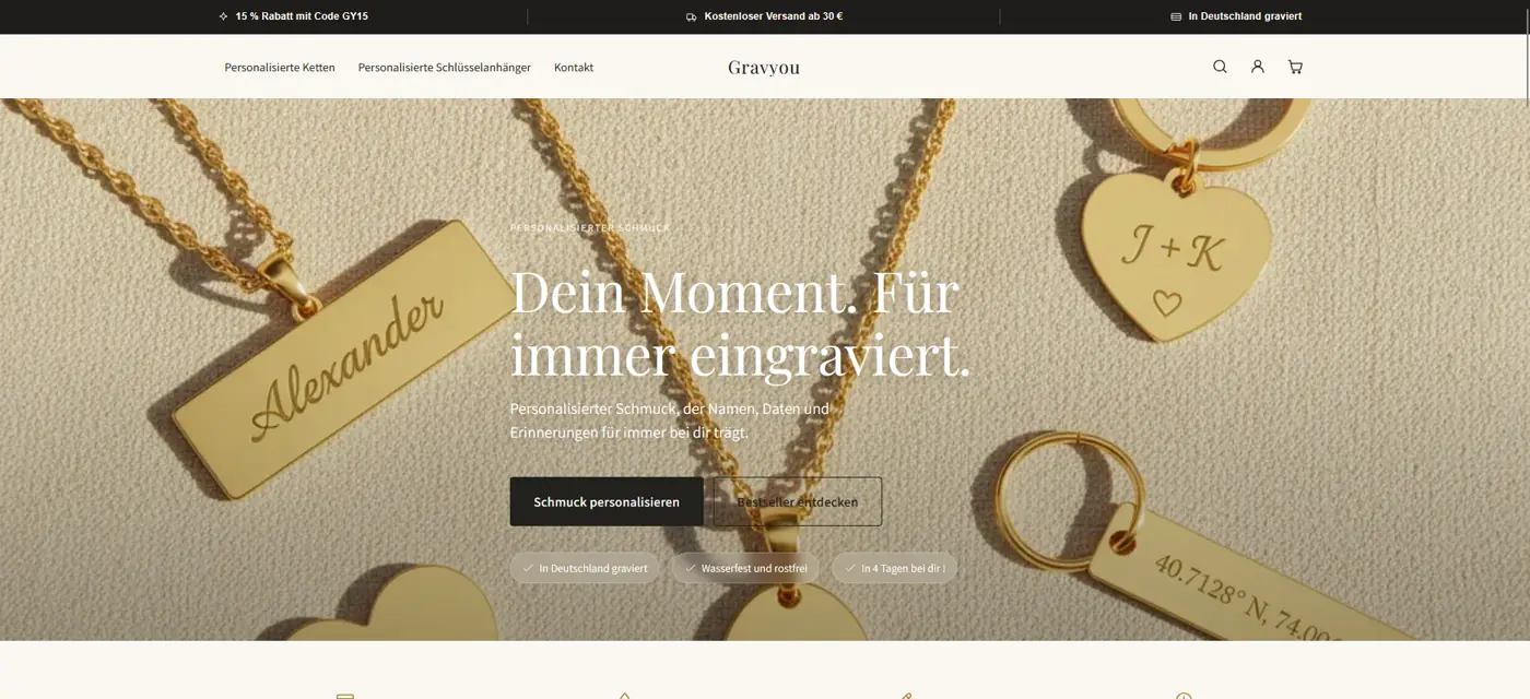 Startseite des Gravyou-Onlineshops mit graviertem Schmuck und Einstieg in den Shop